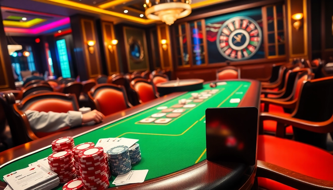 NK88 players betting at an elegant poker table surrounded by vibrant casino elements.