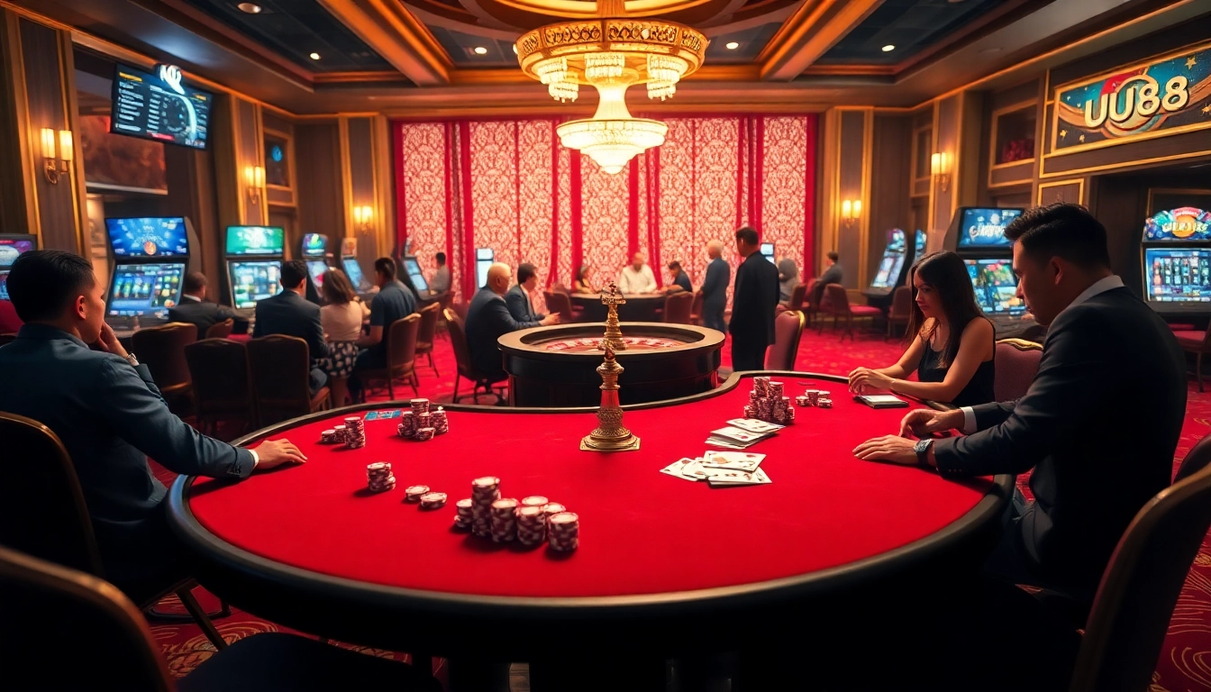 Players excitedly engaging in high-stakes poker at UU88 casino, showcasing vibrant chips and cards.