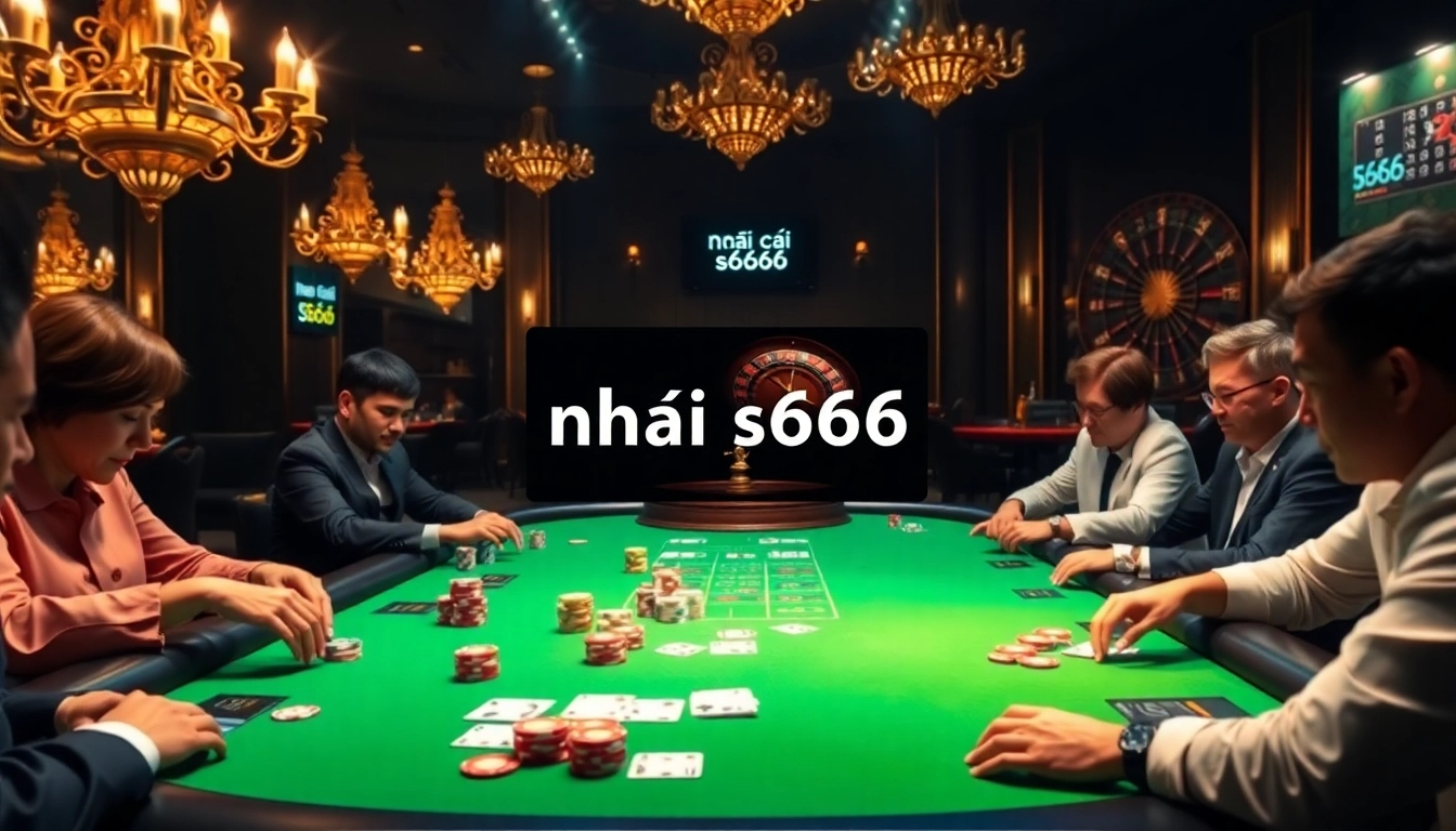 Excited players at a poker table showcasing nhà cái s666 with colorful chips and cards in action.