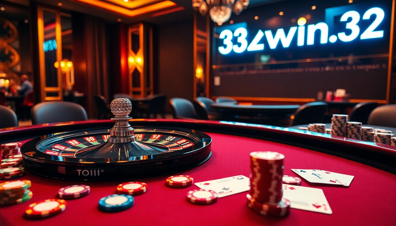 Experience the thrill of 32win32 with vibrant casino visuals featuring roulette, cards, and chips.