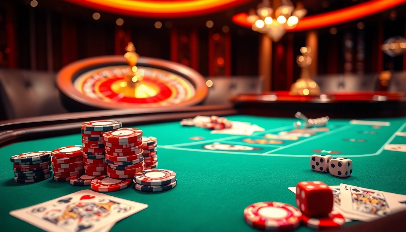 Players enjoying a vibrant gambling experience at UK88 online casino showcasing poker chips and cards.