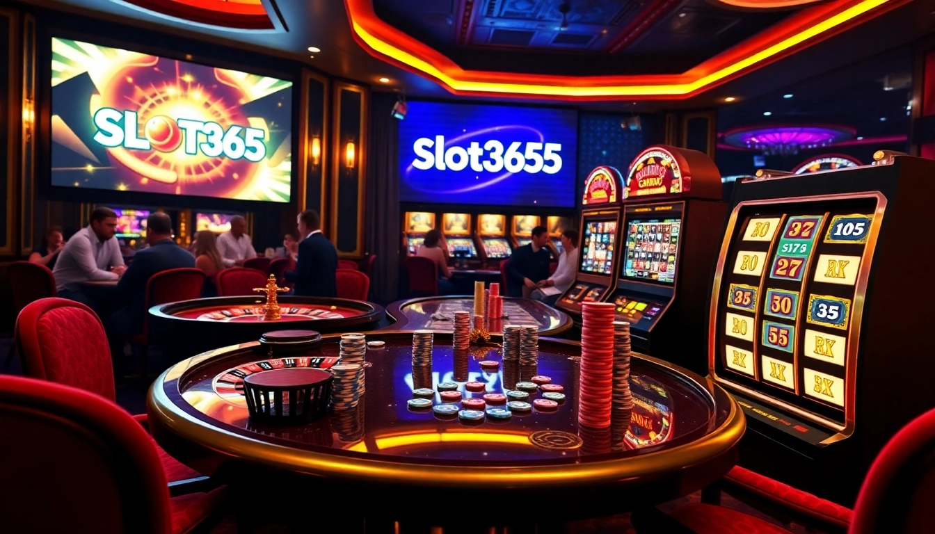 Engage with exciting Slot365 casino games at a vibrant roulette table in a luxurious setting.