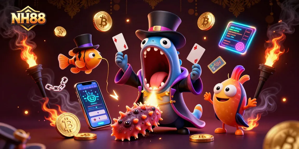 NH88 showcases an enchanting 3D illustration bringing excitement with card tricks and magical elements.