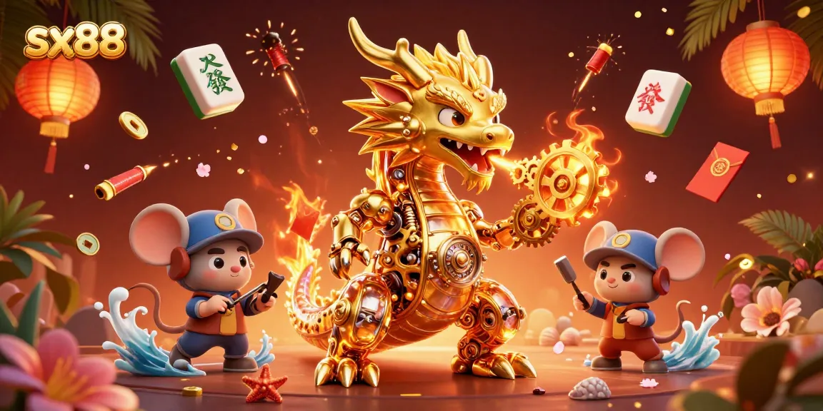 Spark winning strategies at sx88 with an ultra-detailed 3D casino scene featuring a golden dragon and vibrant game elements.
