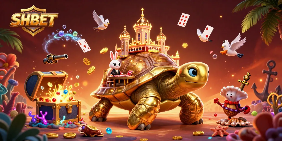 SHBET's vibrant casino experience with a golden tortoise, rabbit dealer, and flying coins.