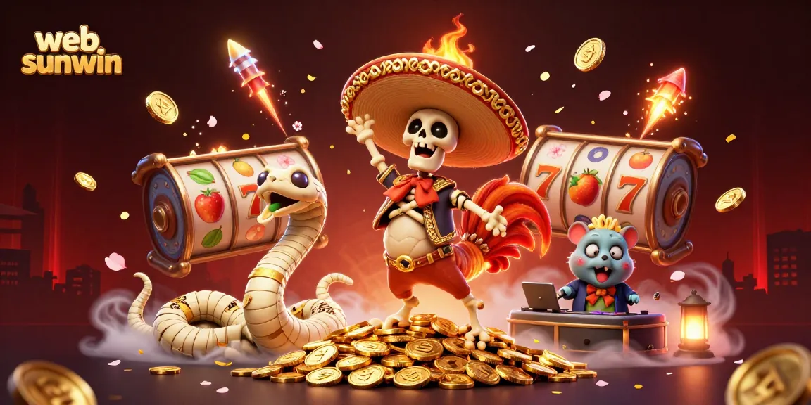 Experience thrill and excitement with web sunwin's animated casino characters celebrating on a pile of golden coins.